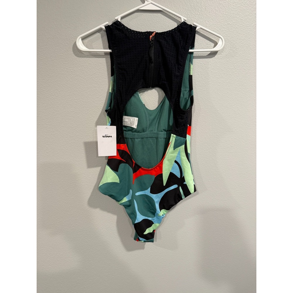 Nike Swimsuit Womens Small Black Green Swoosh Logo Keyhole Zipper Back One-Piece - Picture 2 of 9